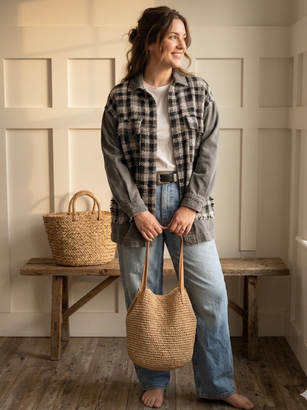 Zara Black & White Plaid Utility Jacket with Gray Sleeves Small